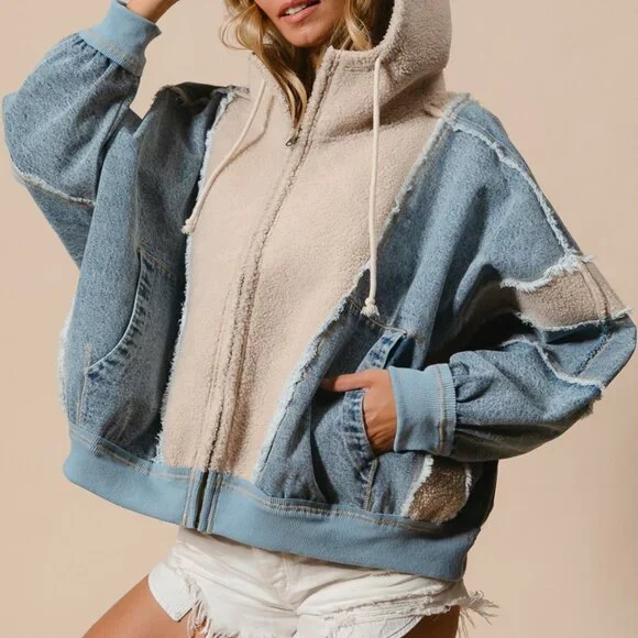 BIBI Oversized Patchwork Hoodie – Denim & Sherpa Zip Up, Streetwear Style - Picture 7 of 15